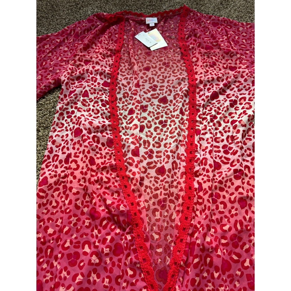 LuLaRoe Chloe Sheer Kimono Womens M NWT Pink Leopard Lace Trim Boho Cover Up